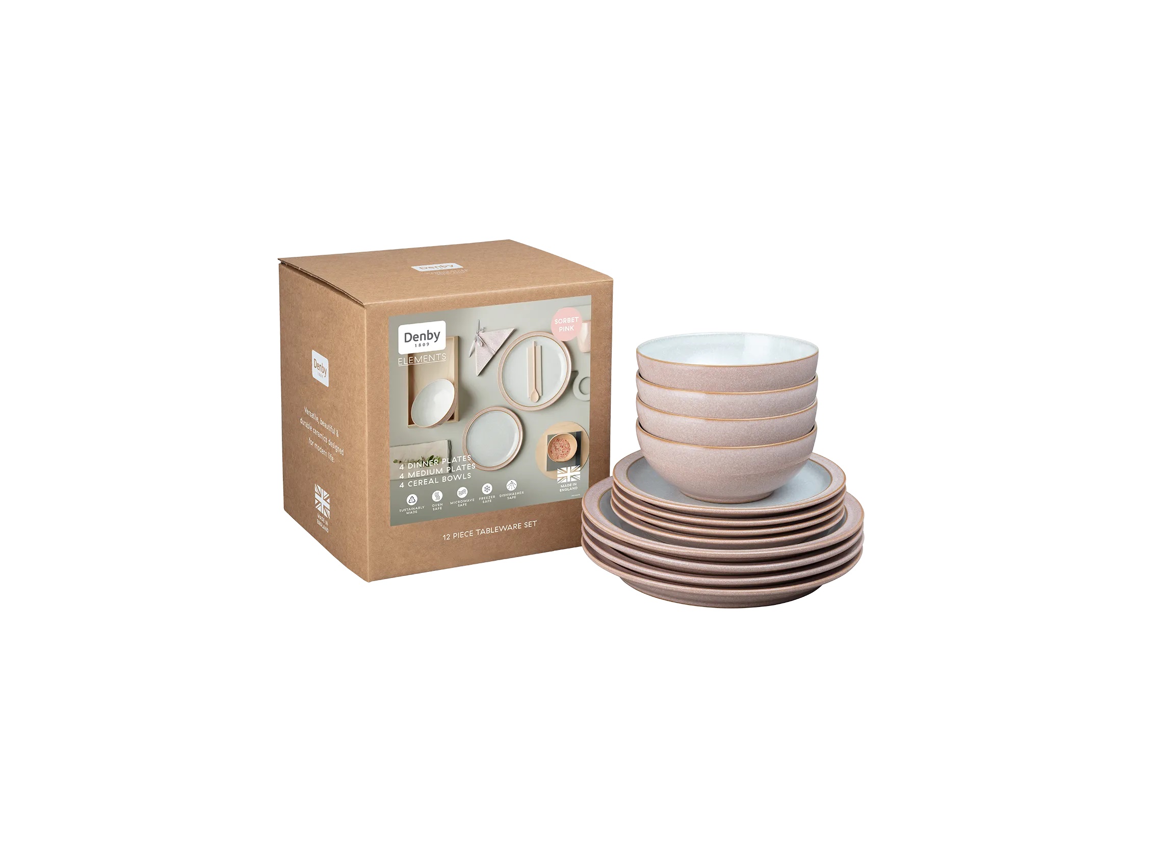 419041981 Denby Elements Sorbet Pink Ceramic Dinner Set (12 Pieces) - Image 1