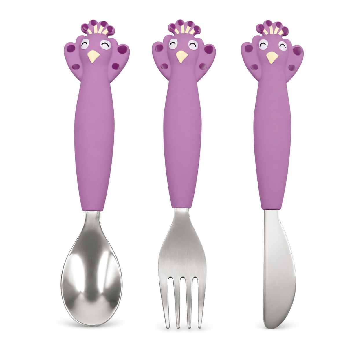 Peacock Stainless Steel Cutlery With Yellow Silicone Handle for Kids Set of 3 (16.5x3x1cm) Mrs. Peacock Stainless Steel Cutlery Set With Silicone Handle - Image 1